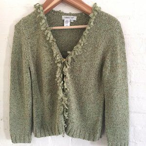 NWOT Coldwater Creek Green Cardigan Ribbon Trim Sweater Medium